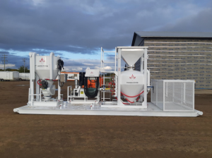 Barite Blower Transfer System Includes air blower unit, admix weigh tank, hose basket, and barite cutter tank.